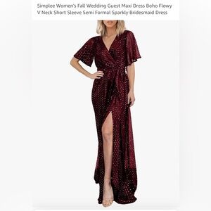 Fall Wedding Guest Maxi Dress Flowy V Neck Short Sleeve Semi Formal Sparkly